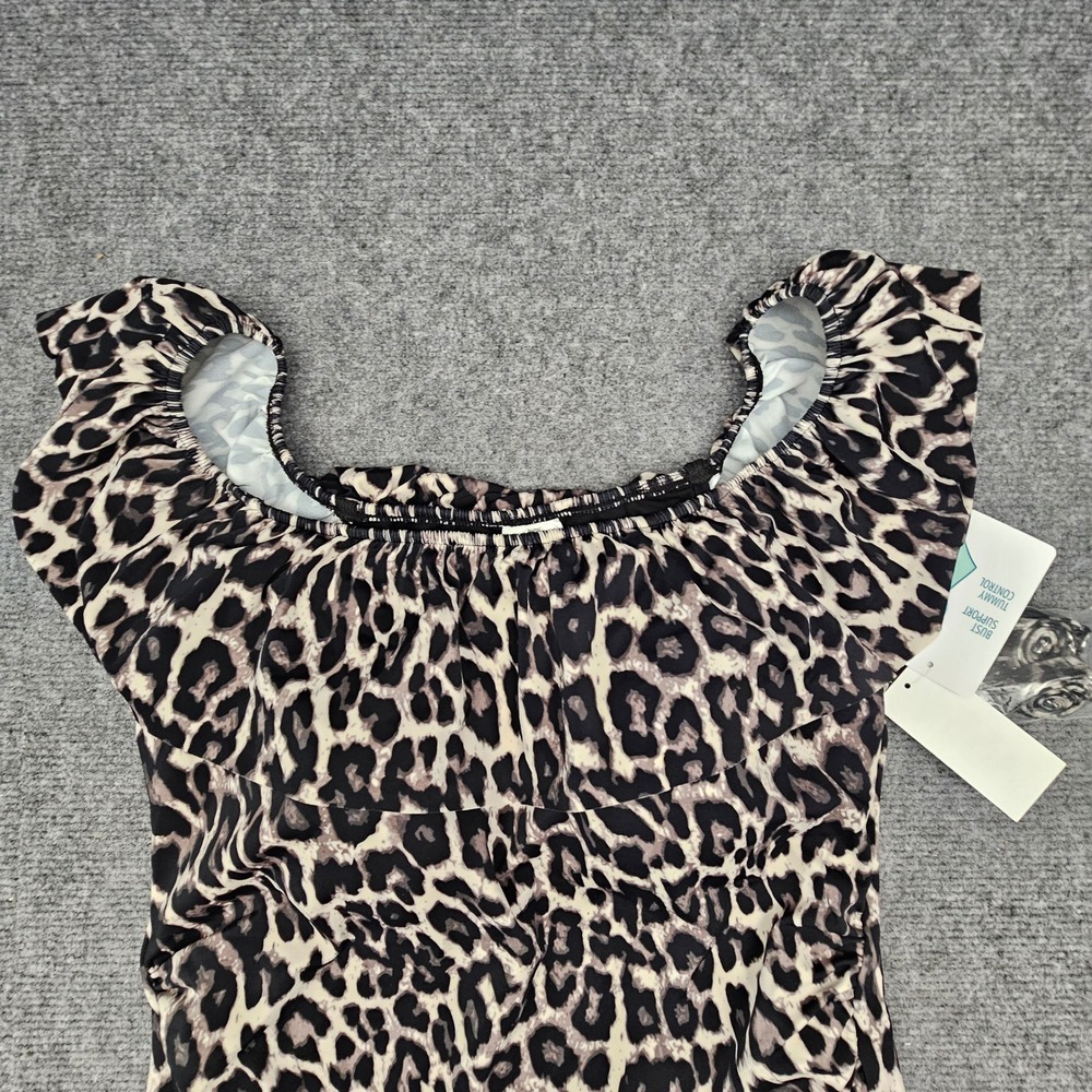Swim Solutions Swimsuit Women 20W Black Multi Leopard Off Shoulder Tummy Control - Picture 2 of 11